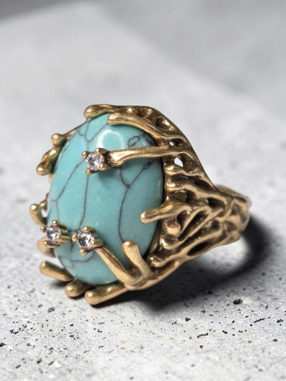 18k Gold Plated Unique Branch Caged Crystal Turquoise Cabochon Ring